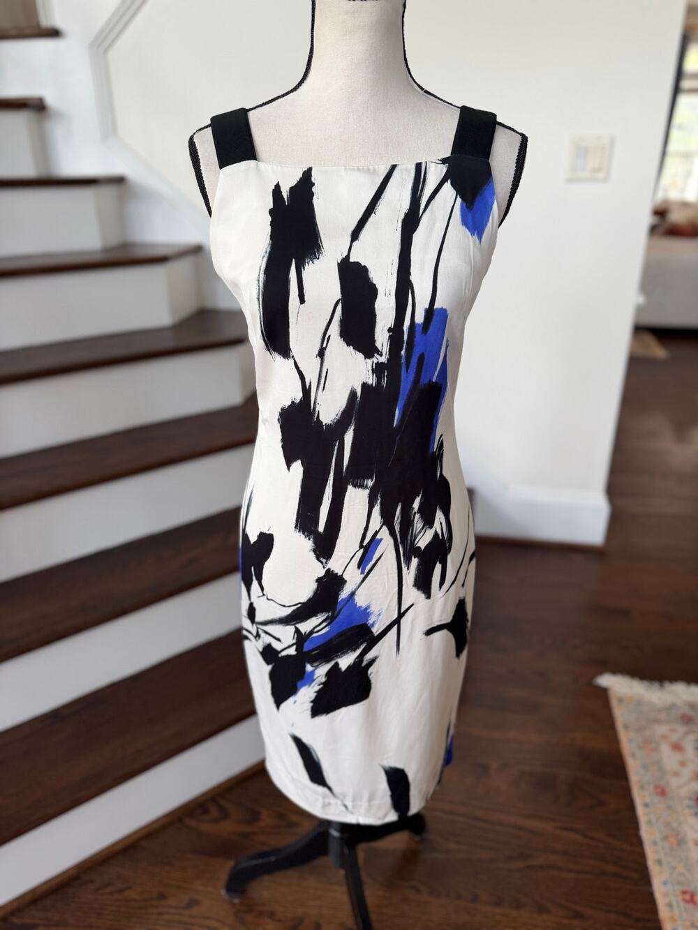 Milly New York White Black Blue Abstract Brush Stroke Sleeveless Sheath Dress